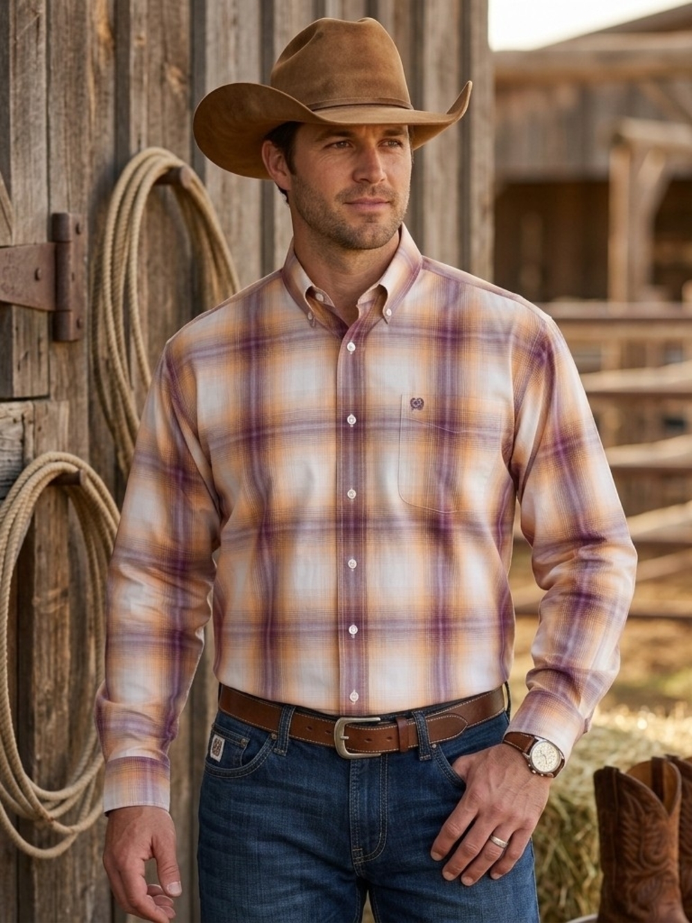 Wrangler Men’s Tan & Purple Plaid Western Button-Down Shirt